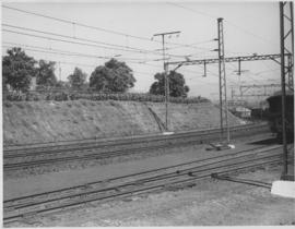 
Four parallel electrified lines on curve in slight cutting.

