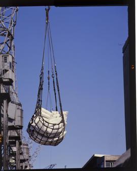 Durban, July 1986. Bag of ammonium sulphate fertiliser imported into Durban harbour. [Z Crafford]