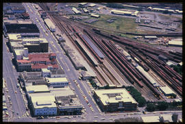 East London, May 1986. Aerial view of railway station. [T Robberts]