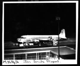 Johannesburg, April 1954. Jan Smuts Airport. Approach lights and floodlighting, Sabena Douglas DC...