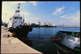Durban, July 1986. SAR tugs 'Bart Grove' and 'Coenie de Villiers' in Durban Harbour. [Z Crafford]