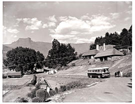 "Drakensberg, 1966. SAR Mercedes motor coach at mountain resort."