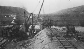 Wilderness, circa 1926. Duive River bridge construction: Bent second pile. (Collection on bridge ...