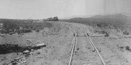 Pietermeintjies, 1895. Train with steam locomotive on curve in the distance. (EH Short)