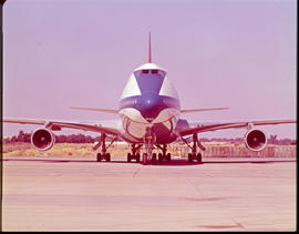 Front view of aircraft on apron. Boeing 747SP ZS-SPB.