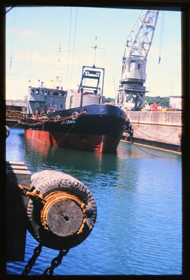 East London, March 1986. Grab dredger 'JF Craig' in graving dock in Buffalo Harbour. [T Robberts]