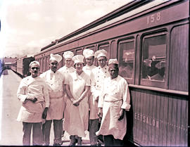 Johannesburg, 1936. Mrs Slade and railway chefs with SAR dining saloon Type A-22 No 158 at Braamf...