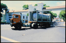 Durban, 1987. Road truck towing tank at Bayhead.