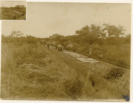 Platelaying crew fixing rails to steel sleepers. See M6475. (Donated Dr AH Westenberg)