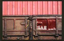 
Close-up of side of railway wagon.
