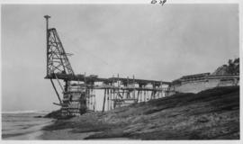 Wilderness, circa 1926. Kaaimans River bridge construction: Ready to drive the first pile for tem...