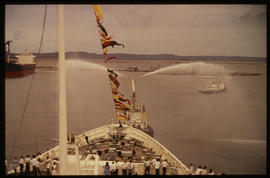 Richards Bay, April 1976. Official start of port operation as 'SA Vaal' sails into Richards Bay H...