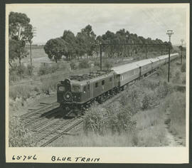 Johannesburg district, 1957. SAR Class 3E with Blue Train.