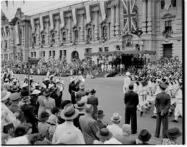 Durban, 22 March 1947. Royal party standing under canopy at city hall