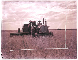 Kroonstad district, 1959. Fordson Tractor with a Sunshine harvester in a field.