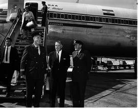 September 1968. Arrival of the crew of flight SAA 233. Navigation officer Hancock with Mr J Adam....