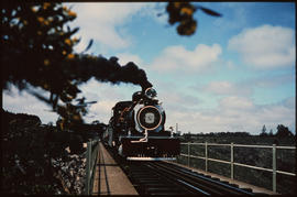 Humansdorp district, 1970. SAR Class NG15 with the Diamond Jubileer Train on Van Stadens River br...