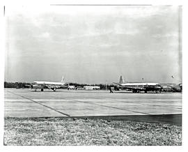 "Durban, 1965. Two SAA Vickers Viscount aircraft on apron at Louis Botha airport."