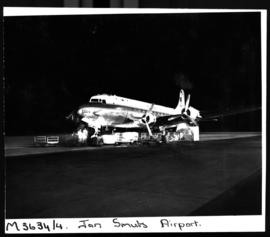Johannesburg, April 1954. Jan Smuts Airport. Approach lights and floodlighting, Sabena Douglas DC...
