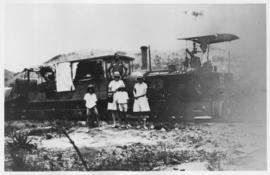 Elandshoek narrow gauge forest railway, circa 1926. Women and children at steam locomotive SAR Cl...