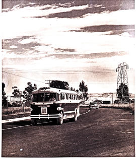 Colenso, 1950. SAR Canadian Brill bus at the entrance to town.
