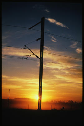 De Aar, March 1986. 25 kV AC electrification, Beaufort West - De Aar line, cantilever mast, SA Tr...
