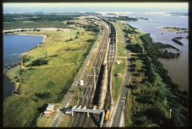 Richards Bay. Aerial views of railway lines leading into town.