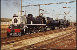 Pietersburg, 1983. SAR Class 19D leading with headboard 'Farewell Steam' along with SAR Class 15F...