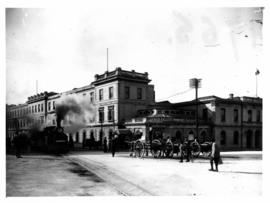 Port Elizabeth, December 1906. Walmer suburban train departs the terminus in Station Street behin...