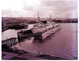 Durban, 1951. The ship 'Zambezia' in floating dock in Durban Harbour.