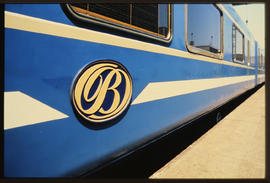 
View down Blue Train coach showing 1988 logo.
