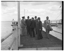 Vaal Dam, 1 May 1948. Group of about 35 men arriving on jetty. Members of the flying boat demonst...