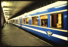 Blue Train at station platform.