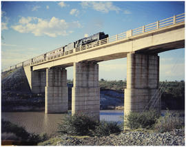 Virginia district. Trans-Oranje Express hauled by SAR Class 15F on concrete bridge.