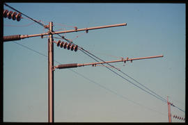 August 1984. Sishen - Saldanha line, 50kV AC overhead line equipment, trolley wire construction i...