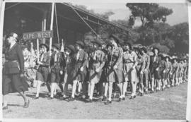 Cape Town, 23 April 1947. Cape West girl scouts marching past the Royal dais at Rosebank.