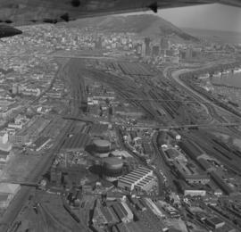 Cape Town, 1975. Aerial view of yard and industries at Paardeneiland.
