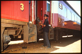 Pongola district, January 1980. SAR passenger train crossing the border into Swaziland at Golela....