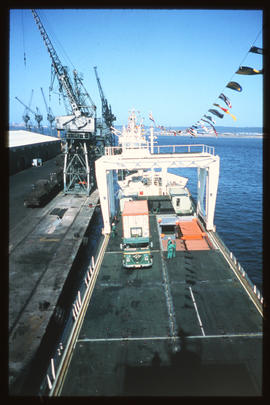 Durban, November 1971. Container ship 'Voorlooper berthed in Durban Harbour. [JV Gilroy]
