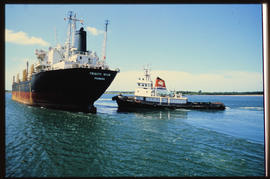 Richards Bay, 1991. SAR tug with 'Trinity Star' in Richards Bay Harbour.
