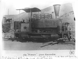 Okiep - Port Nolloth narrow gauge railway, May 1902. Locomotive used by the Boers to send a load ...