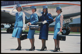 SAA hostesses posing before SAA Boeing 747SP ZS-SPD 'Majuba'.