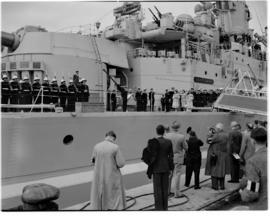 Cape Town, 24 April 1947. Royal family with guard of honour on the deck of 'HMS Vanguard'.