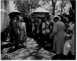 Wonderkop, 10 March 1947. Crowd greeting Royal Family beside the Royal train.