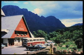 Franschhoek district, 1970. SAR Mercedes Benz tour bus at Swiss Farm Resort. Note left hand drive.