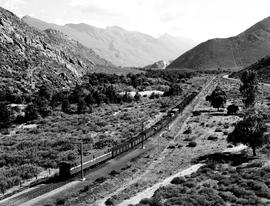 De Doorns district, 1957. SAR Class 4E hauling coal train in the Hex River valley.