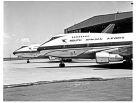 Johannesburg, 1976. Jan Smuts airport. SAA Boeing 747SP ZS-SPB 'Outeniqua' and ZS-SPA 'Matroosber...