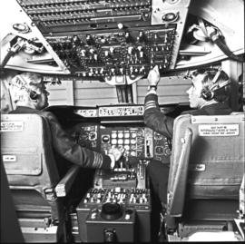 
Cockpit of SAA Boeing 747 ZS-SAN  'Lebombo'. Left, Captain Billy van Rensburg. Right Warren Ruth...