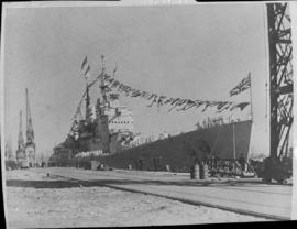 Cape Town, 1947. HMS 'Vanguard' tied up at the dock.