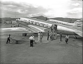 
SAA Douglas DC-3 ZS-BXF 'Klapperkop' parked next to SAA Douglas DC-3 ZS-AVI 'Mount Anderson'.
